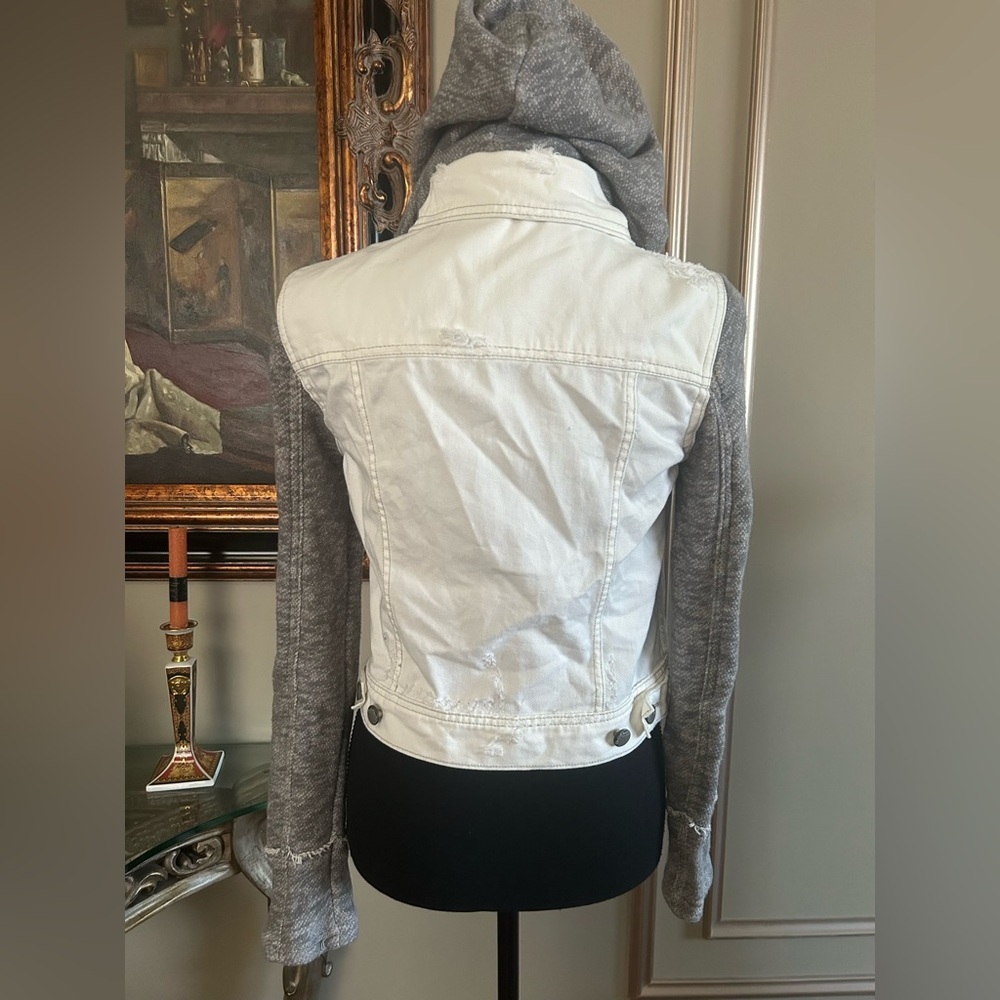 Free People Long Sleeve Hooded Denim Jacket Ivory Combo XS - Picture 4 of 8